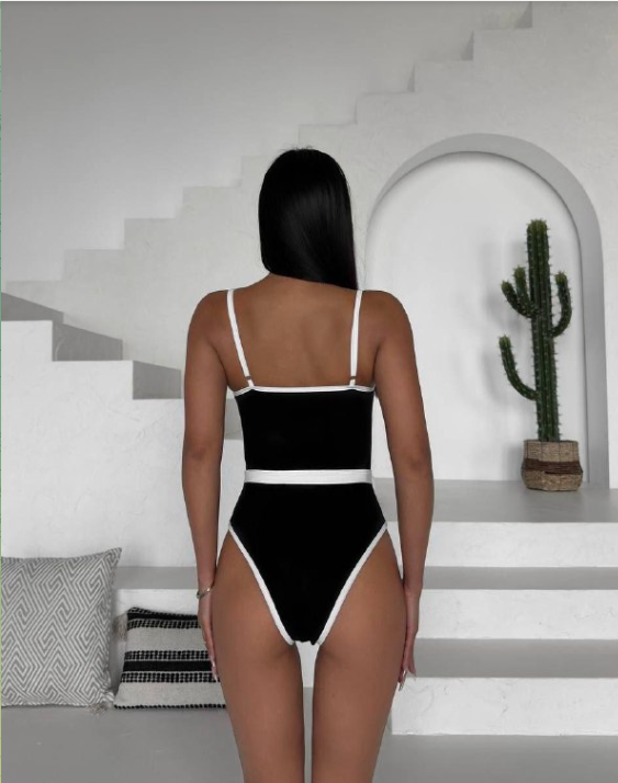 Contrast Trim Belted Swimsuit – Sleek & Confident