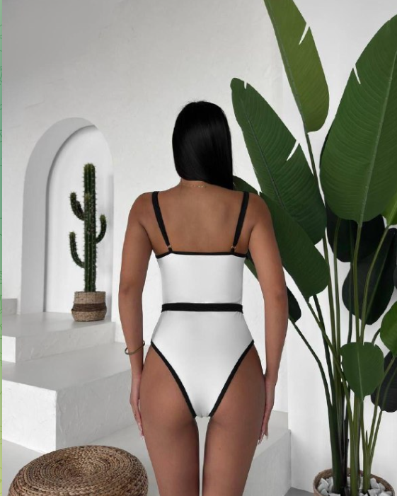 Contrast Trim Belted Swimsuit – Sleek & Confident