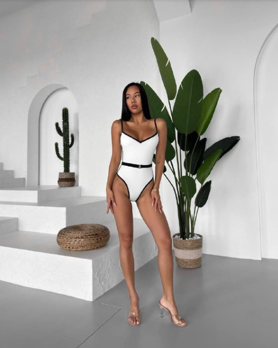 Contrast Trim Belted Swimsuit – Sleek & Confident