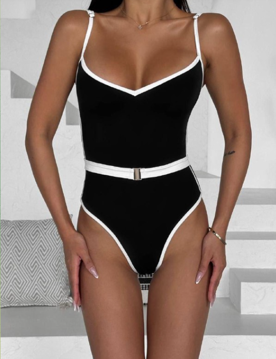 Contrast Trim Belted Swimsuit – Sleek & Confident