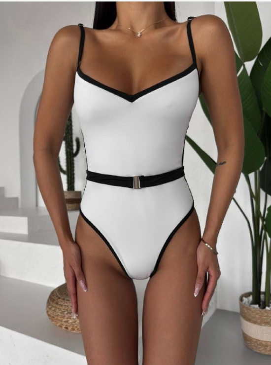Contrast Trim Belted Swimsuit – Sleek & Confident