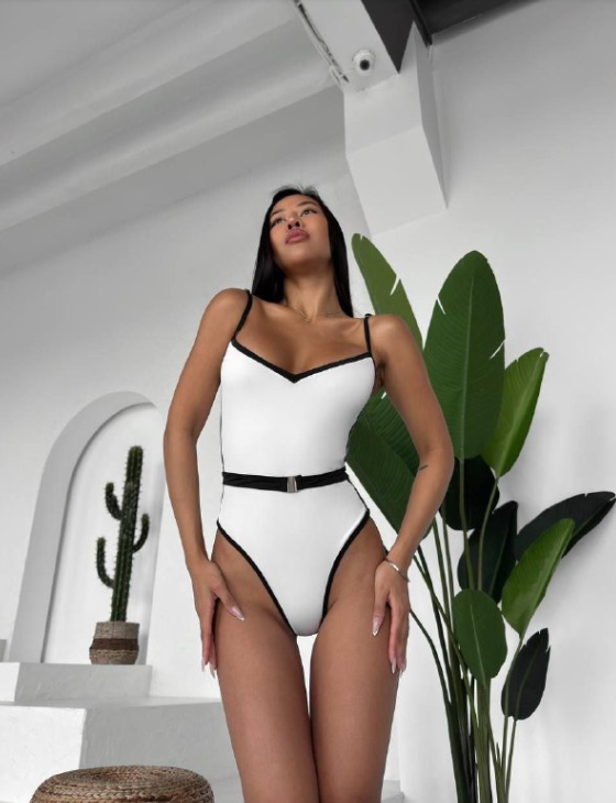 Contrast Trim Belted Swimsuit – Sleek & Confident
